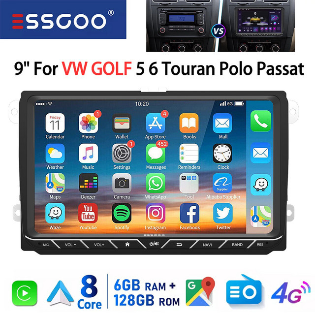 ESSGOO Android 14 Autoradio 9 Zoll für VW Golf 5/6 Touran Passat mit 4G, 8-Kern, CarPlay, Android Auto, GPS, WiFi, Bluetooth und DSP in Schwarz - Bild 1