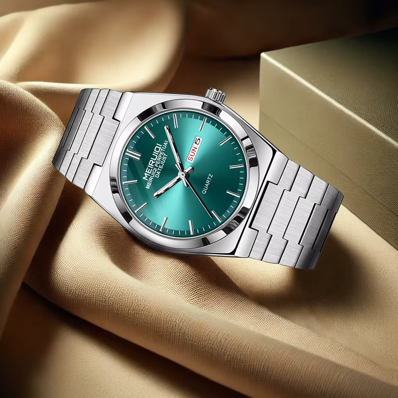 MEIRUIQI Armbanduhr Quarz, Edelstahl, Silber, Grün, Herren - Bild 4