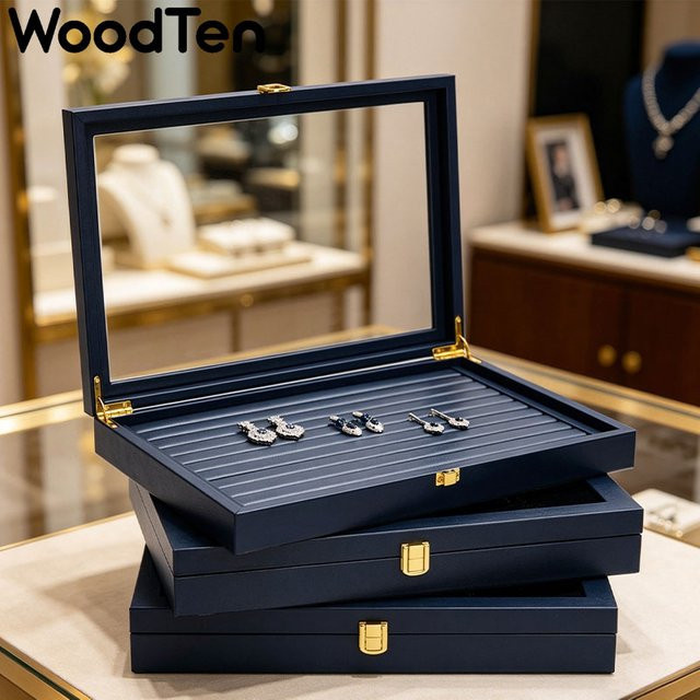 WoodTen Premium Schmuckaufbewahrungsbox Organizer aus Leder in Blau für Halsketten und Ohrringe - Bild 1