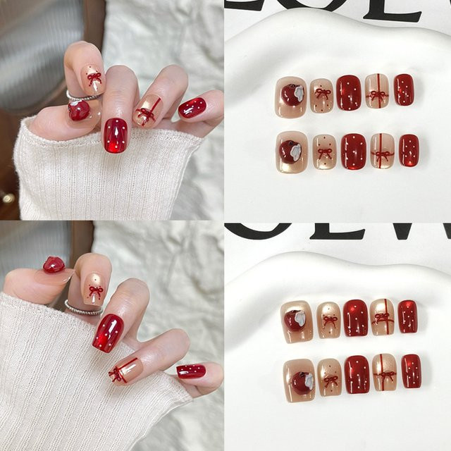 Künstliche Nägel Polka Dot Rote Äpfel mit Katzenauge, 10 Stück, Glänzend - Bild 1