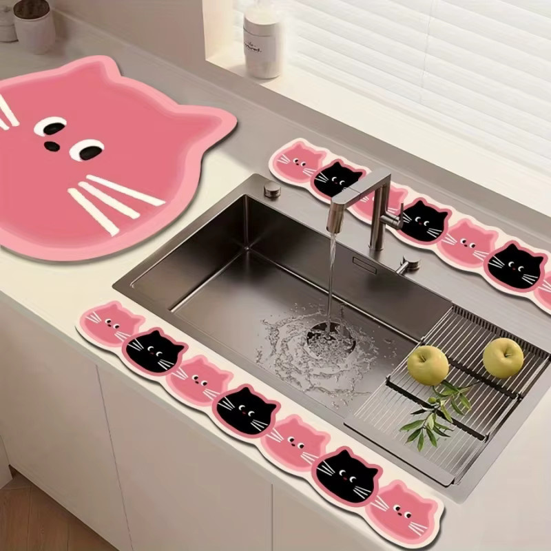 VIKAMA 3-teiliges Set Cartoon-Wasserhahnmatten für Küche und Badezimmer, schnelltrocknende Absorbiermatte für Spülbeckenkanten, Farbe: Pink - Bild 1
