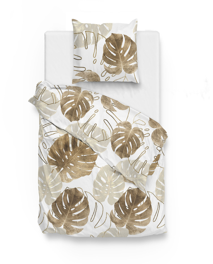 Zo! Home Mako-Satin Bettwäsche Mimi Monstera in Weiß und Braun mit floralem Blättermuster, B/H: 155 x 220 cm und Kissenbezug 80 x 80 cm - Bild 1