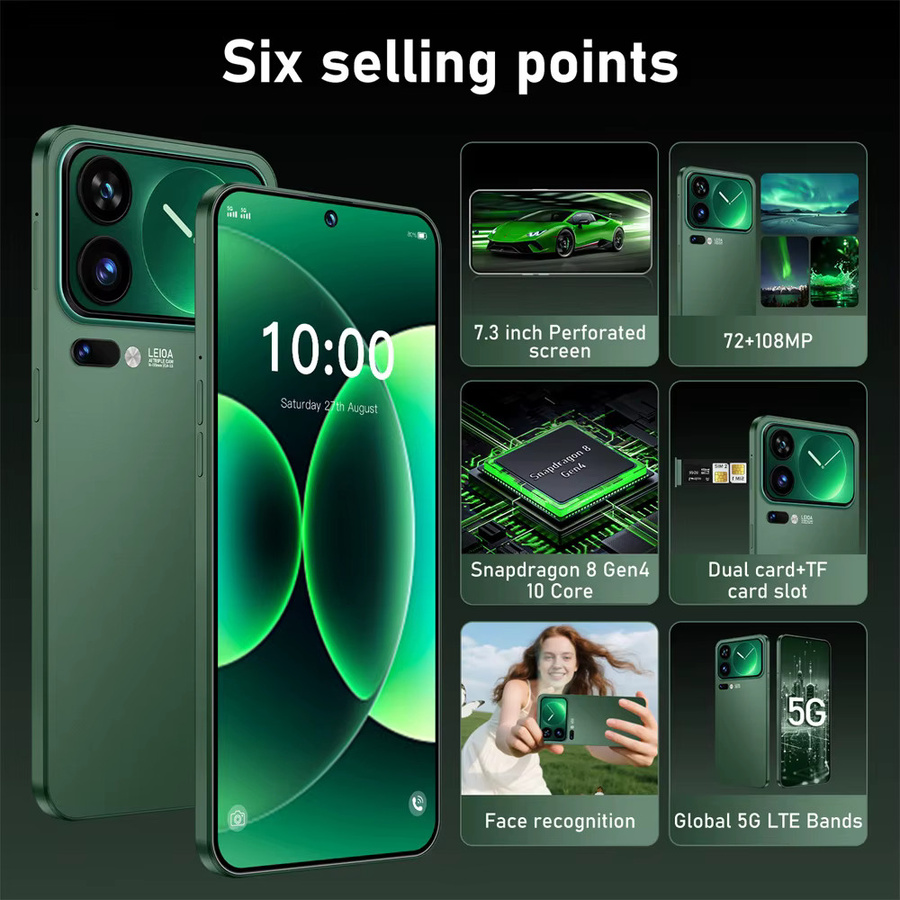 CHOTOG Android 5G Smartphone mit 7.3 HD Display, 22 GB RAM und 2 TB Speicher, Dual-SIM, 8000 mAh Akku, Schwarz oder Grün - Bild 2