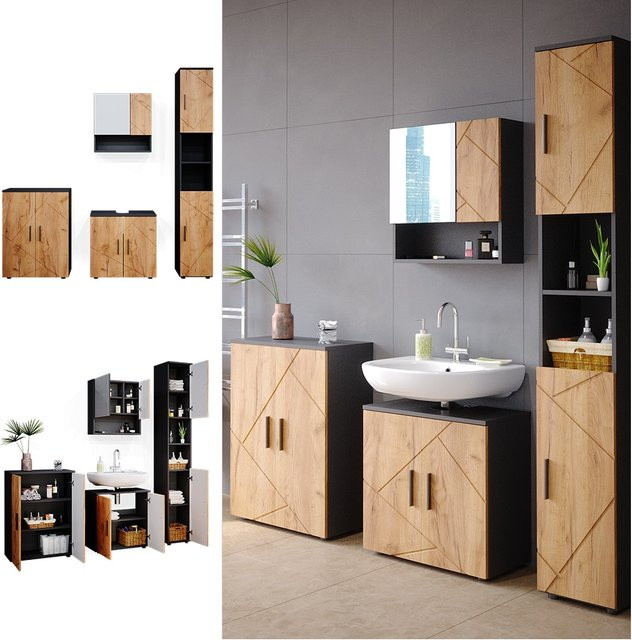 Vicco Badmöbel Set Irma in Anthrazit und Eiche mit Spiegelschrank, Badschrank und Hochschrank - Bild 1