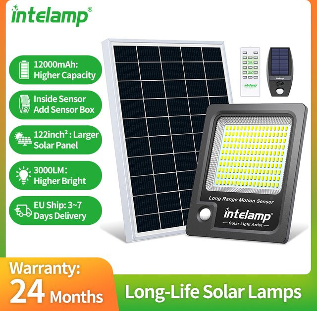 intelamp Solarleuchte für den Außenbereich mit 12000 mAh Akku, Schwarz, Flutlicht mit Bewegungssensor für Garten, Hof und Veranda - Bild 1