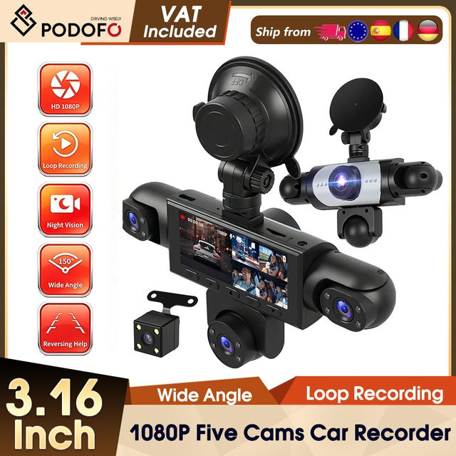 Podofo Dashcam mit 1080P Full HD, 360-Grad-Linsen, Nachtsicht und Einparkhilfe, Schwarz, inklusive 64GB Speicherkarte - Bild 1