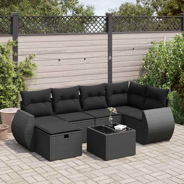 Vidaxl Garten-Sitzgruppe aus Polyrattan mit Kissen, 7-teilig, Schwarz - Bild 1