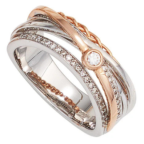 Colfem Ring Damen, breit, 585 Weißgold, Rotgold, bicolor, 48 Diamanten, Brillanten, Größe 60 - Bild 1