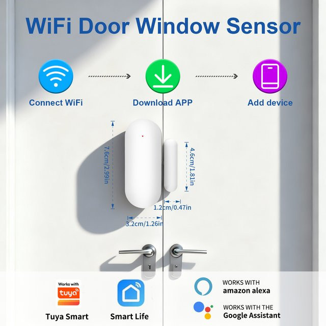Tuya WLAN-Türsensor in Weiß – kompatibler kabelloser Tür- und Fenstersensor für Alexa und Google Assistant zur Heimautomatisierung und Sicherheit - Bild 1