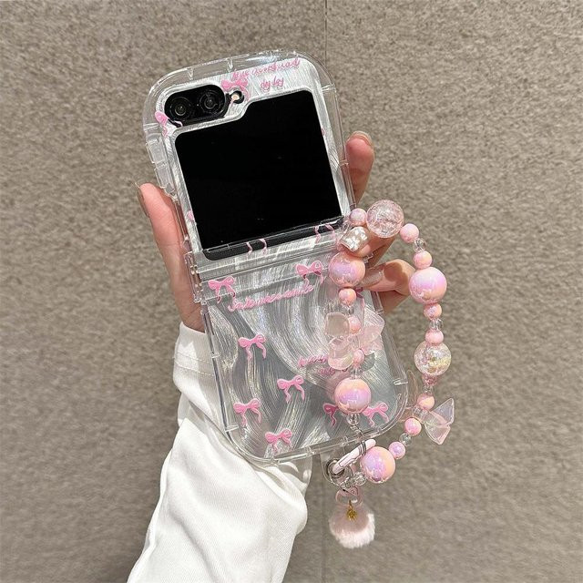 Niedliche Samsung Galaxy Z Flip 6 5 4 3 Handyhülle mit Schleife und Kette, Transparent mit Scharnierschutz - Bild 1
