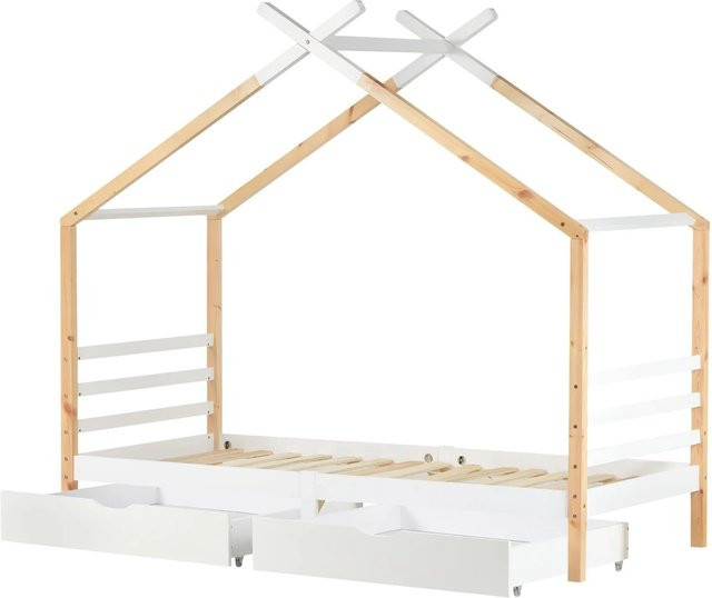 Merax Hausbett aus Kiefer Massivholz in Weiß mit Schubladen für Kinder, B/T/H: 90 x 200 x 120 cm - Bild 1
