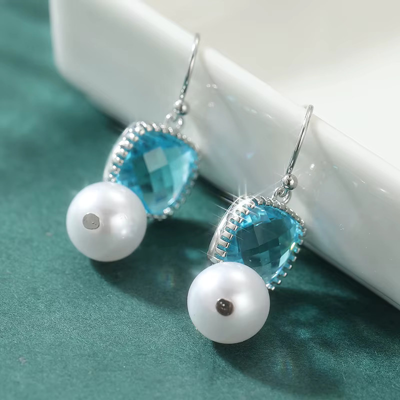 YoYo Ohrringe, Silber, Blaue Zirkonia, Perle, Damen - Bild 2
