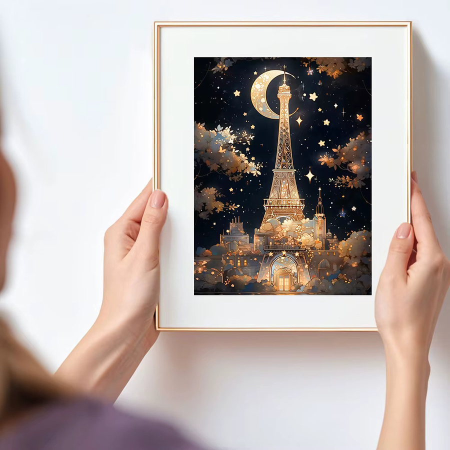 Huacan 5D DIY Diamantmalerei Eiffelturm Nacht Mond Landschaft Stickerei-Set, Mehrfarbig, B/H: 30 x 20 cm - Bild 3