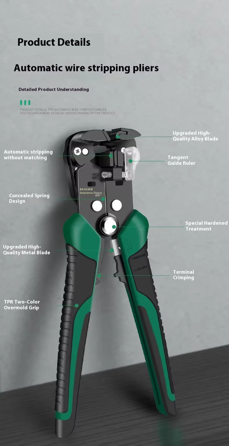 Baolian 5-in-1 Automatischer Drahtabisolierer Multitool Elektriker-Reparaturzange in Grün - Bild 2