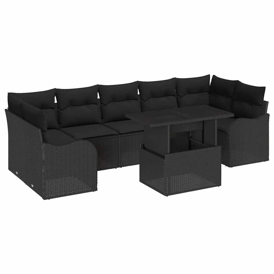 vidaXL Garten-Sofa-Set 8-teilig aus Poly-Rattan in Schwarz mit Kissen und Tisch - Bild 2