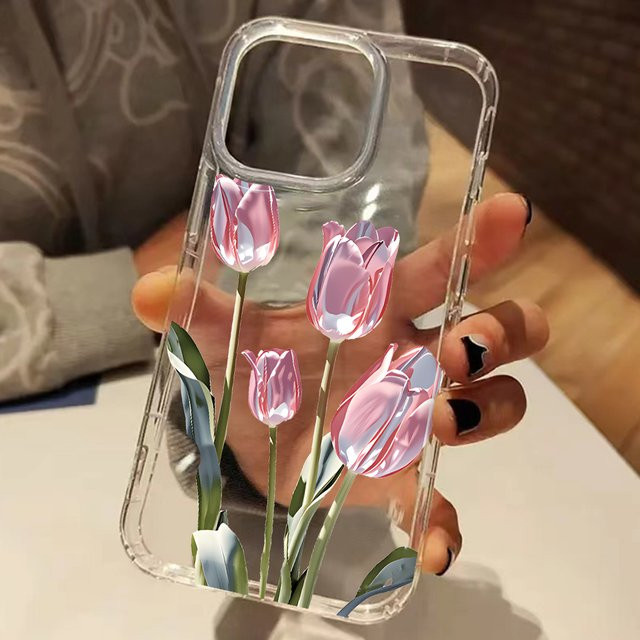 Transparente Silikon Handyhülle mit rosa Tulpen Blumenmuster für iPhone 11 12 13 14 15 16 17 Pro Max und XS XR Soft Cover - Bild 1