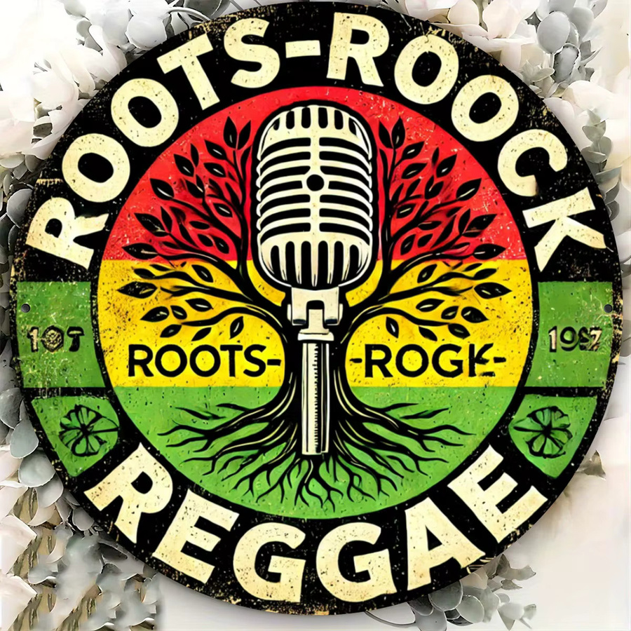 Roots Rock Rundes Metallschild Teevotshirts mit Foliengravur im Retro-Musik-Design, Mehrfarbig, Durchmesser: 20 cm - Bild 4
