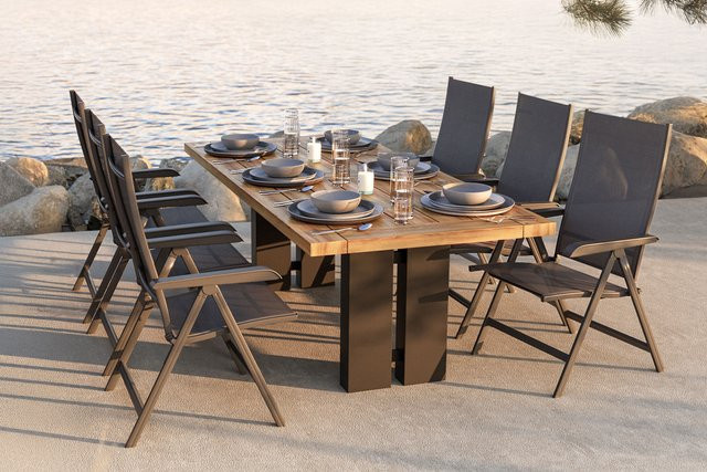 Kettler Garten-Essgruppe aus Aluminium und Teakholz in Anthrazit und Braun mit 6 Klappstühlen und rechteckigem Tisch - Bild 1