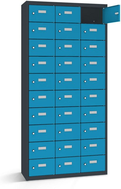 rotstahl Wertfachschrank mit 30 Fächern in Blau und anthrazitgrauem Korpus, B/T/H: 87.5 x 30 x 180 cm - Bild 1