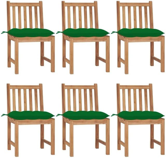 vidaXL Gartenstuhl-Set aus Teak-Massivholz mit Kissen, 6 Stück, Braun/Grün - Bild 1