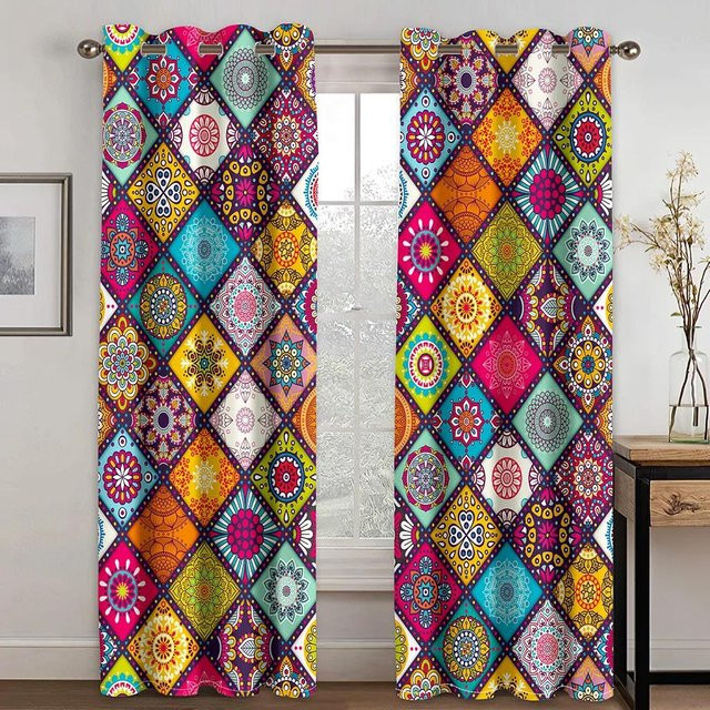 2er-Set Boho Mandala Fenster Vorhänge, halbtransparent, Mehrfarbig, B: 50 cm, H: 50 cm - Bild 1