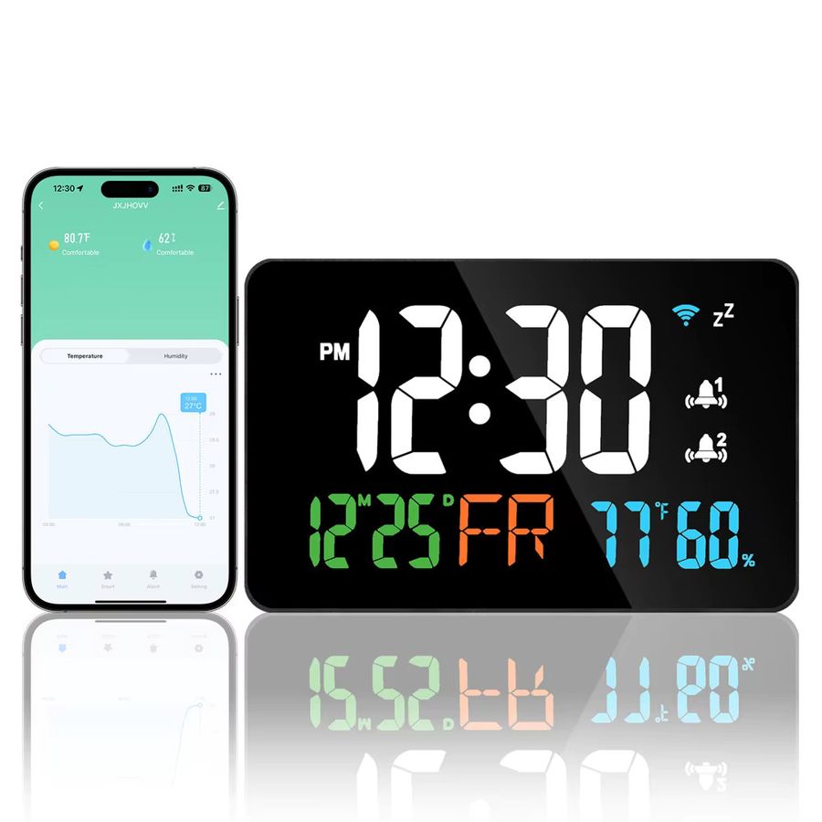 Tuya WiFi Desktop Uhr mit Digital LED Display, Kalender, Thermometer und Hygrometer in Weiß - Bild 3