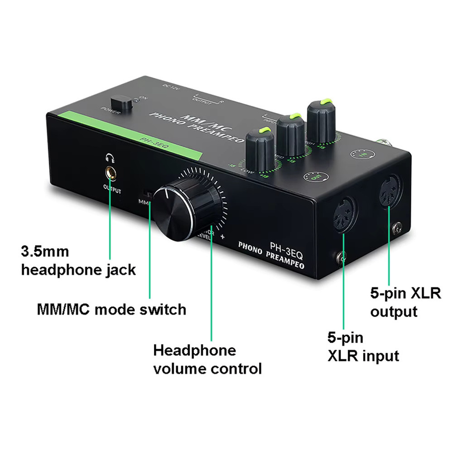 Dreamburgh Phono-Plattenspieler-Verstärker MM/MC Vorverstärker mit einstellbarem 3-Band-EQ und Pegelregelung in Schwarz - Bild 4