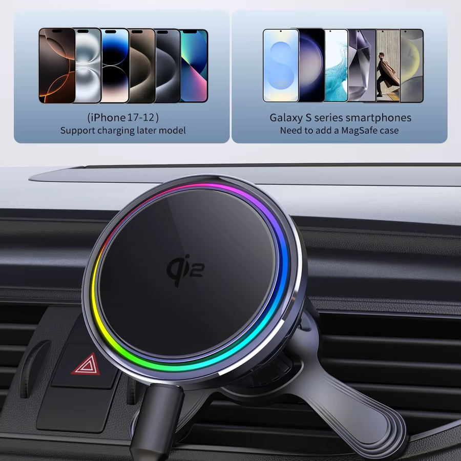 HaaYot Magnetisches kabelloses Autoladegerät mit QI2 Eiskühlung und RGB-Schnellladefunktion für MagSafe iPhone, Schwarz - Bild 5