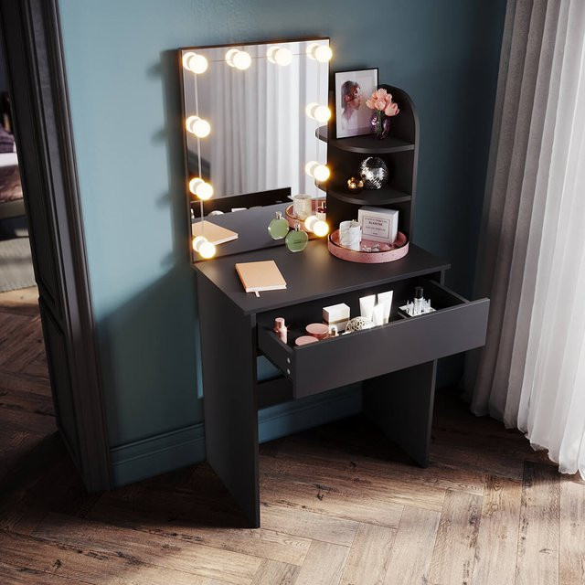 SONNI Schminktisch mit LED-Beleuchtung und Spiegel in Schwarz für das Schlafzimmer - Bild 1
