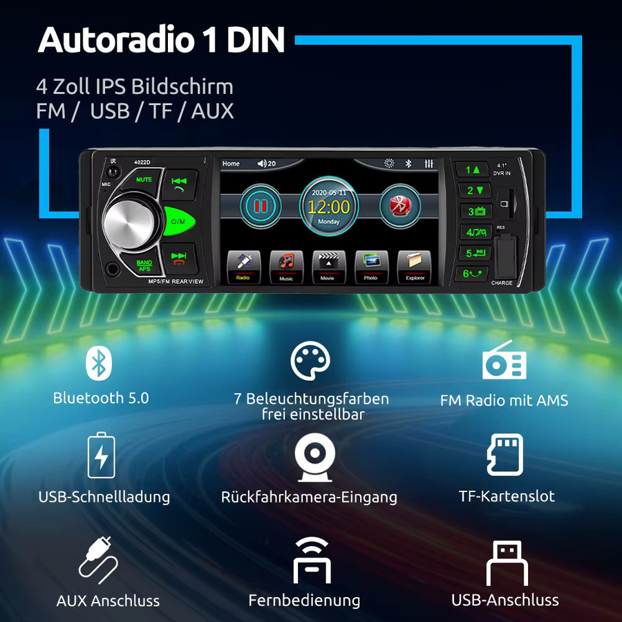 MOPECT 1DIN Autoradio in Schwarz mit Bluetooth-Freisprechfunktion, MP3-Player, USB/TF-Kartensteckplatz, Aux-Eingang und FM/AM-Radio in 7 Farben - Bild 2