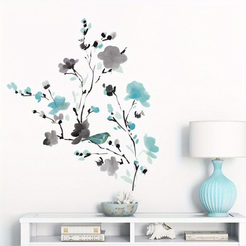 BRUP Wandaufkleber mit floralem Aquarell-Tusche-Design in Blau, abnehmbare Wanddekoration mit Blumen und Vogelzweig für Schlafzimmer und Wohnzimmer - Bild 1