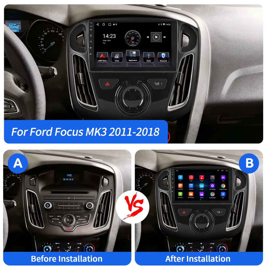 ESSGOO Android 15 Autoradio mit 9 Zoll IPS Touchscreen für Ford Focus MK3 2011-2018, Wireless Carplay, Android Auto, GPS, WiFi und Bluetooth, Schwarz - Bild 3