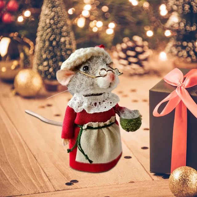 Handgefertigtes DIY-Nadelfilz-Weihnachtsmaus-Ornament aus Wolle in Rot und Bunt als hängende Tier-Dekoration - Bild 1