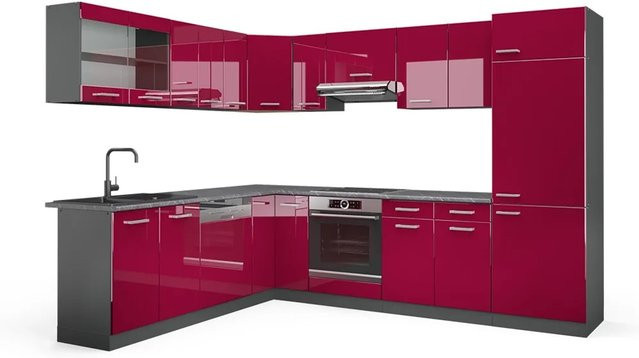 Vicco R-Line Eckküche modern in Bordeaux und Anthrazit Hochglanz B/T/H: 227 x 287 x 207 cm - Bild 1