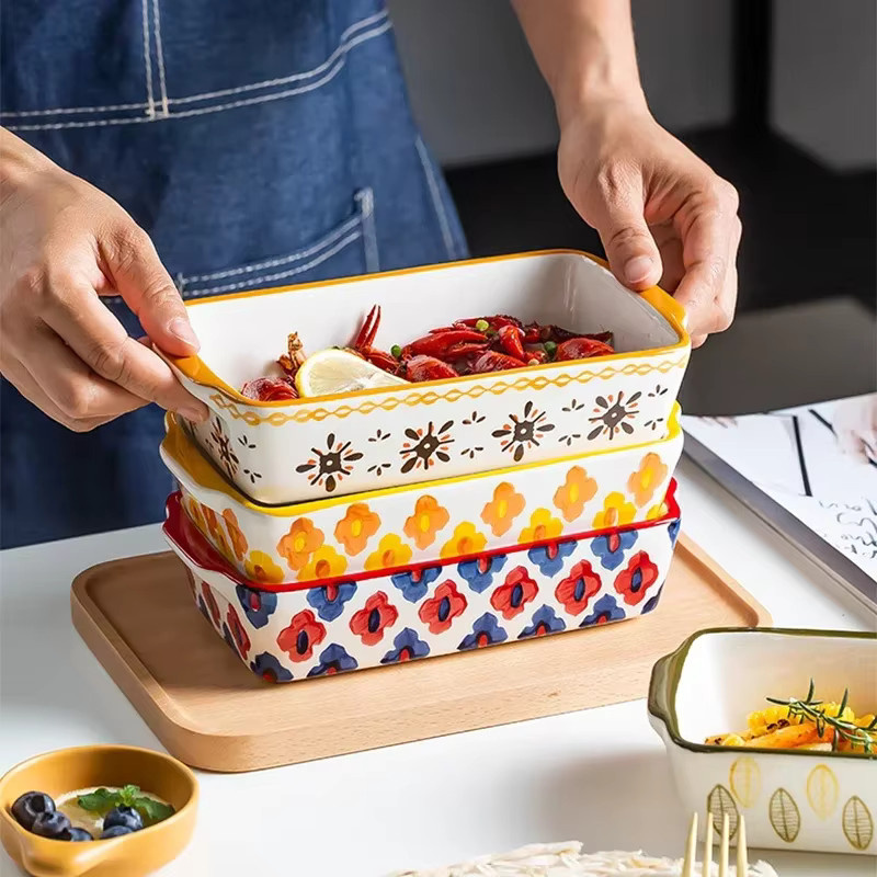Rechteckige Keramik-Backform mit Griff für Lasagne und Braten mit Blumenmuster - Bild 2