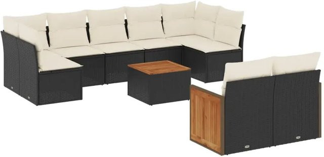 vidaXL 10-tlg. Garten-Sofagarnitur in L-Form aus Polyrattan und Akazienholz mit Kissen in Schwarz-Creme - Bild 1