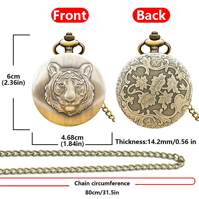 wecin Taschenuhr Halskette, Tiger, Bronze, Quarz, Unisex - Bild 3