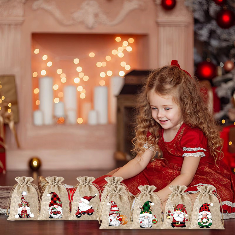 12-teiliges Set Weihnachts-Süßigkeitstüten aus Jute mit Zwerg-Dekoration in Mehrfarbig für Weihnachten und Neujahr - Bild 2