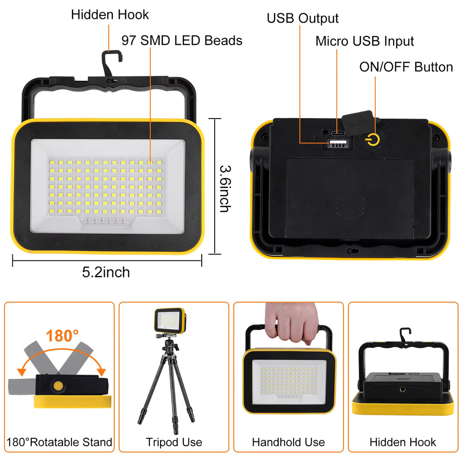 Superhelles tragbares Arbeitslicht mit 97 SMD LEDs, USB wiederaufladbare LED-Taschenlampe in Schwarz mit 5 Modi für Outdoor, Camping und Notfälle - Bild 3