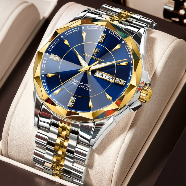 POEDAGAR Armbanduhr Quarz, Edelstahl, Blau, Gold, Herren - Bild 1
