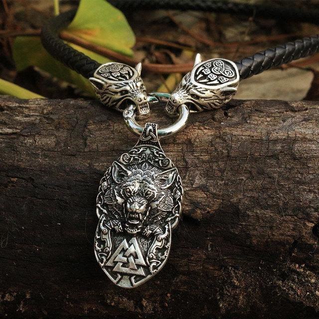 Wucifang Jewelry Halskette Herren, Wikinger-Wolfskopf, Thorshammer Mjölnir, Zinklegierung, Silber, 50 cm - Bild 1