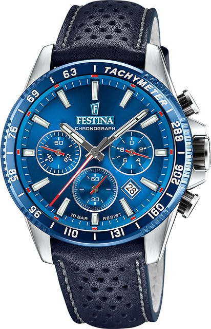 Festina Chronograph, Quarz, Edelstahl, Blau, Leder, 45 mm, Herren - Bild 1