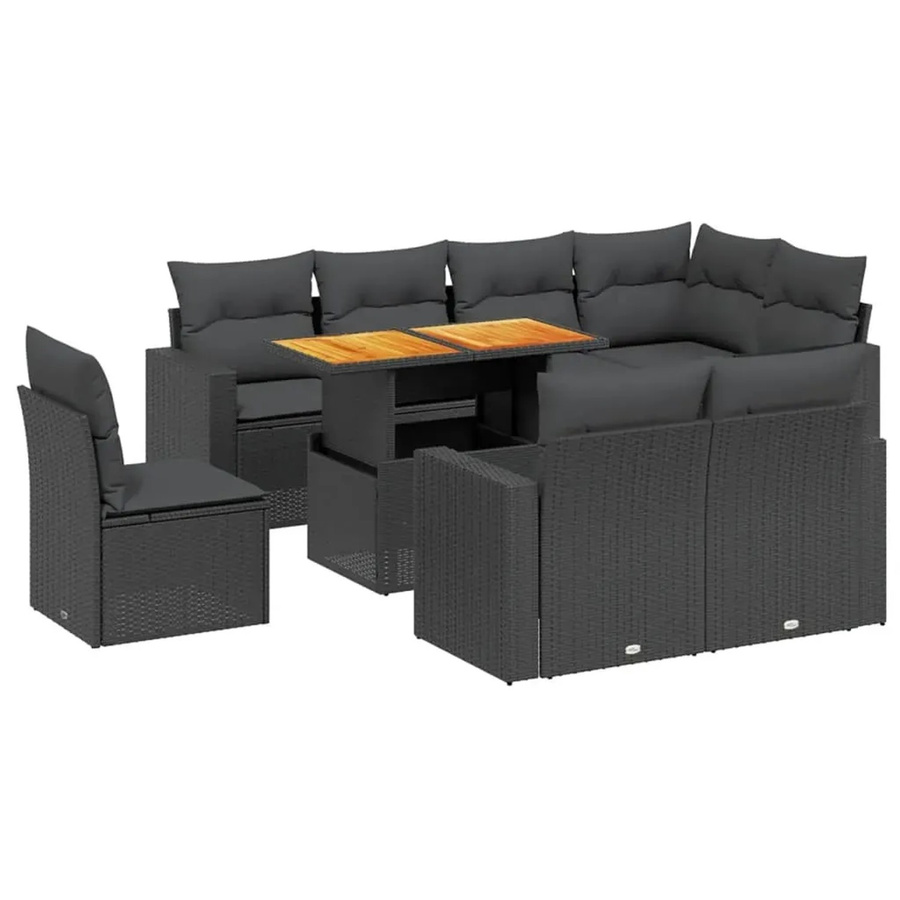 vidaXL 9-tlg Garten-Sofagarnitur in L-Form aus Polyrattan und Akazienholz mit Kissen, Schwarz - Bild 2