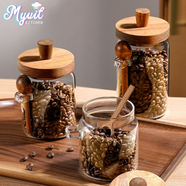 MYVIT Vorratsglas Set aus Glas mit Holzdeckel und Schaufel, 3-teilig, transparent, luftdicht und feuchtigkeitsbeständig - Bild 1