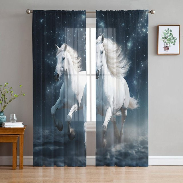 Super Six Transparente Voile-Vorhänge mit Pferd, Sternen und Wolken in Schwarz, Breite: 135 cm, Höhe: 114 cm - Bild 1