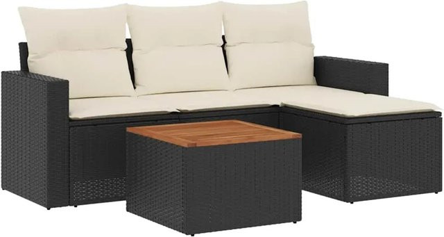 vidaXL 5-teilige Garten-Sofagarnitur aus Poly-Rattan und Akazienholz in Schwarz-Creme mit Kissen - Bild 1