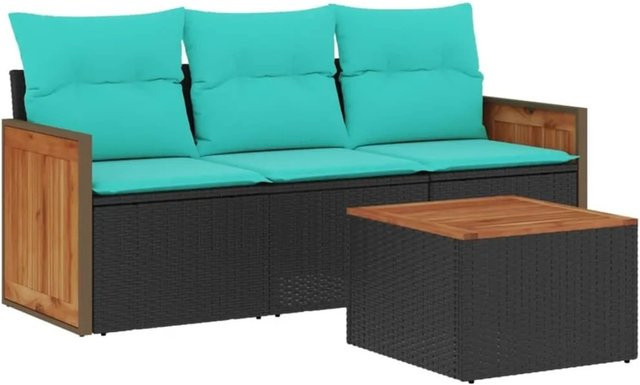 vidaXL 4-teiliges Gartensofa-Set aus Polyrattan und Akazienholz mit Kissen in Schwarz und Blau für Garten und Terrasse - Bild 1