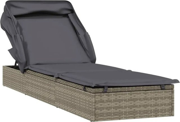 vidaXL Sonnenliege aus PE-Rattan mit Faltdach in Grau, B/T/H: 213 x 63 x 97 cm