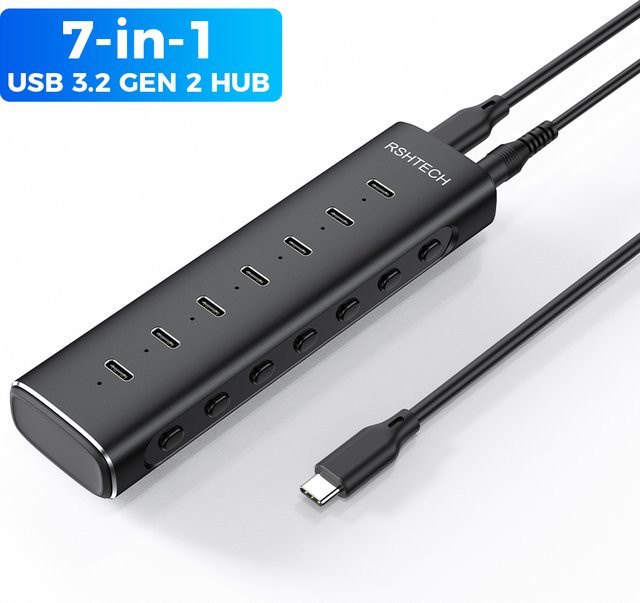 RSHTECH USB-C 3.2 Hub aus Aluminium in Schwarz mit 7 Anschlüssen, 10Gbps Datenübertragung und 12V/3A Netzteil - Bild 1