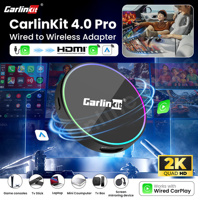 CarlinKit 4.0 Pro Wireless CarPlay und Android Auto Adapter mit HDMI-Eingang für TV-Stick, TV-Box, PS4, PS5, Xbox und Mini-PC, Schwarz - Bild 1